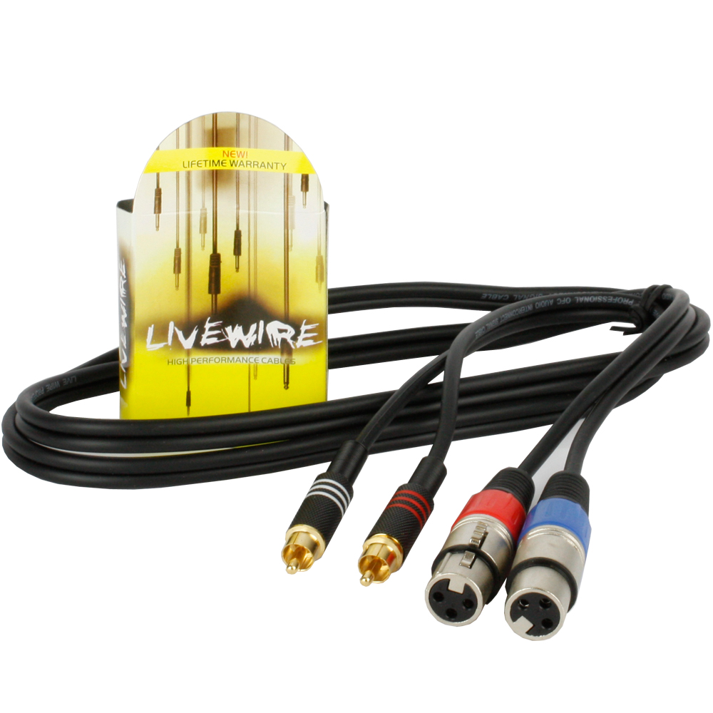 LiveWire 2x Male RCA Phono to 2x Female XLR Cable 1.5m Audio Signal