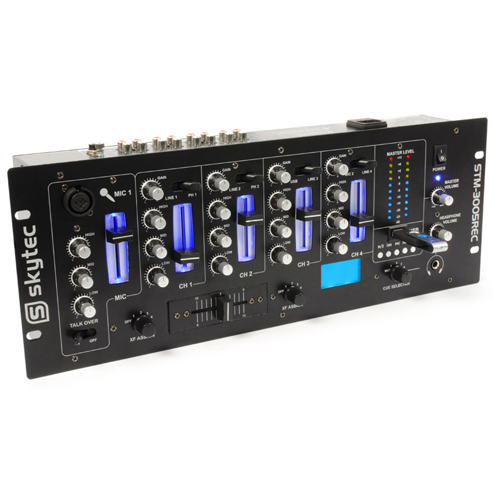 Skytec 4 Ch DJ Mixer 3Band EQ Crossfade Talkover Rack Mount USB MP3