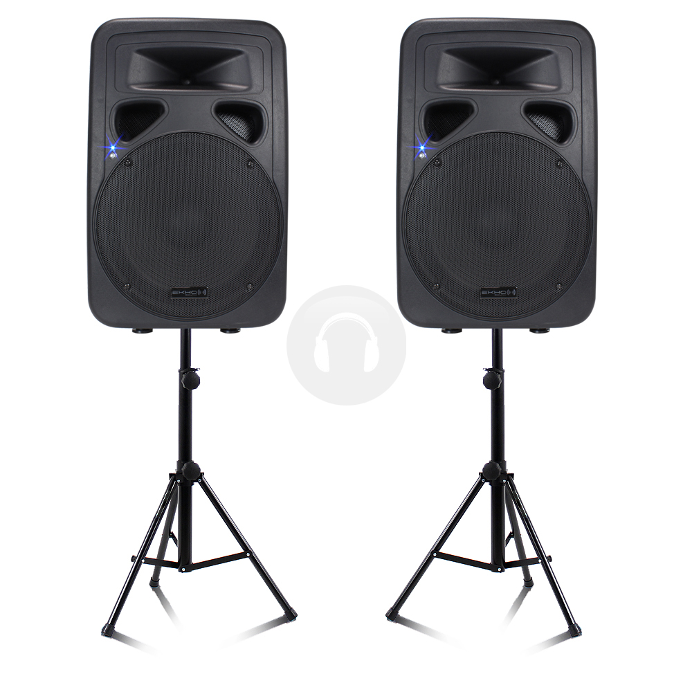 2x Ekho PL15A 15" Active Speakers Stands DJ Disco Karaoke Party PA