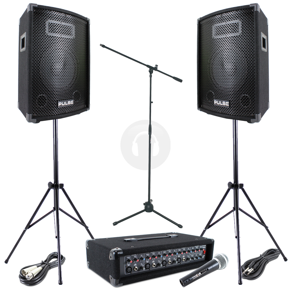 Cheap 2x 10" Disco Speakers + Mixer Amp + Microphone + 3x Stands 200W