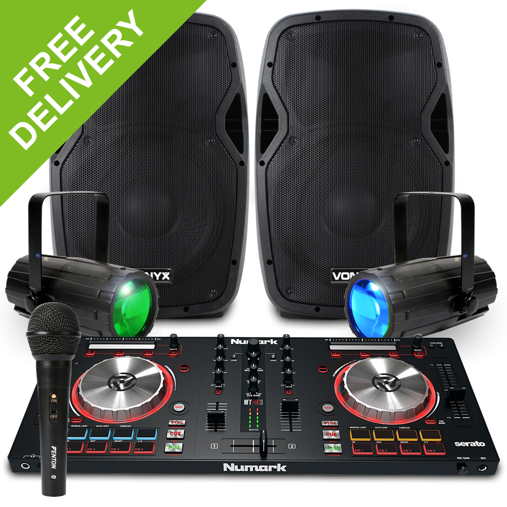 12" Active Speakers Numark Mixer Beamz Lights DJ Setup System Package 1200W