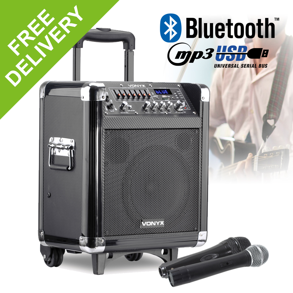 8" Inch Portable Busker Amp Battery Powered PA Guitar Input Radio Mic USB MP3