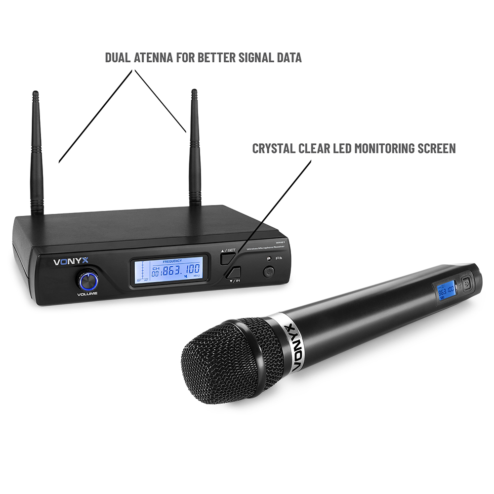Vonyx Wm61 UHF Wireless Handheld Microphone 16 Channel Receiver Stage ...