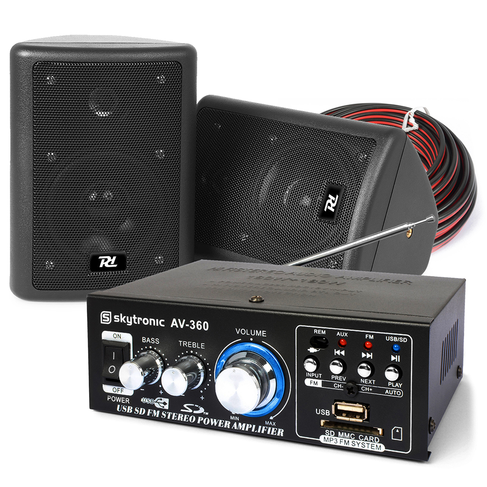 Skytec Black 4" Passive HiFi Speaker Pair with Amplifier