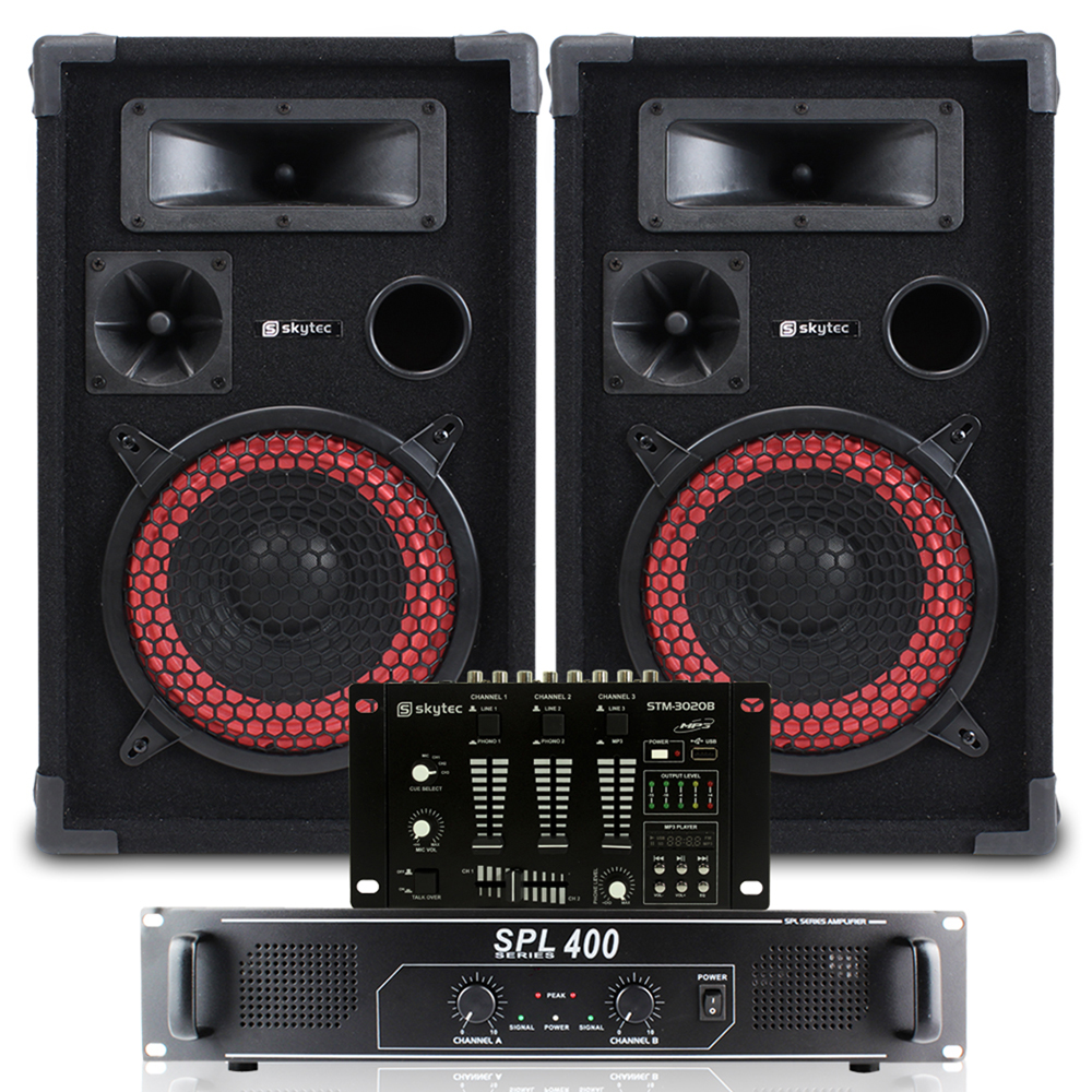Max Red 8" Passive DJ Speakers Pair, Mixer & SPL400 Amplifier