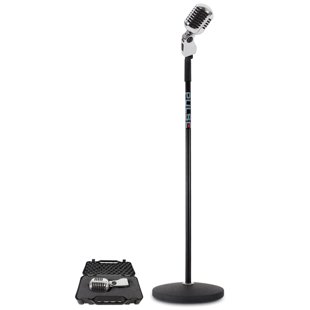 Silver Retro 50s Style Microphone & Black Round Base Stand