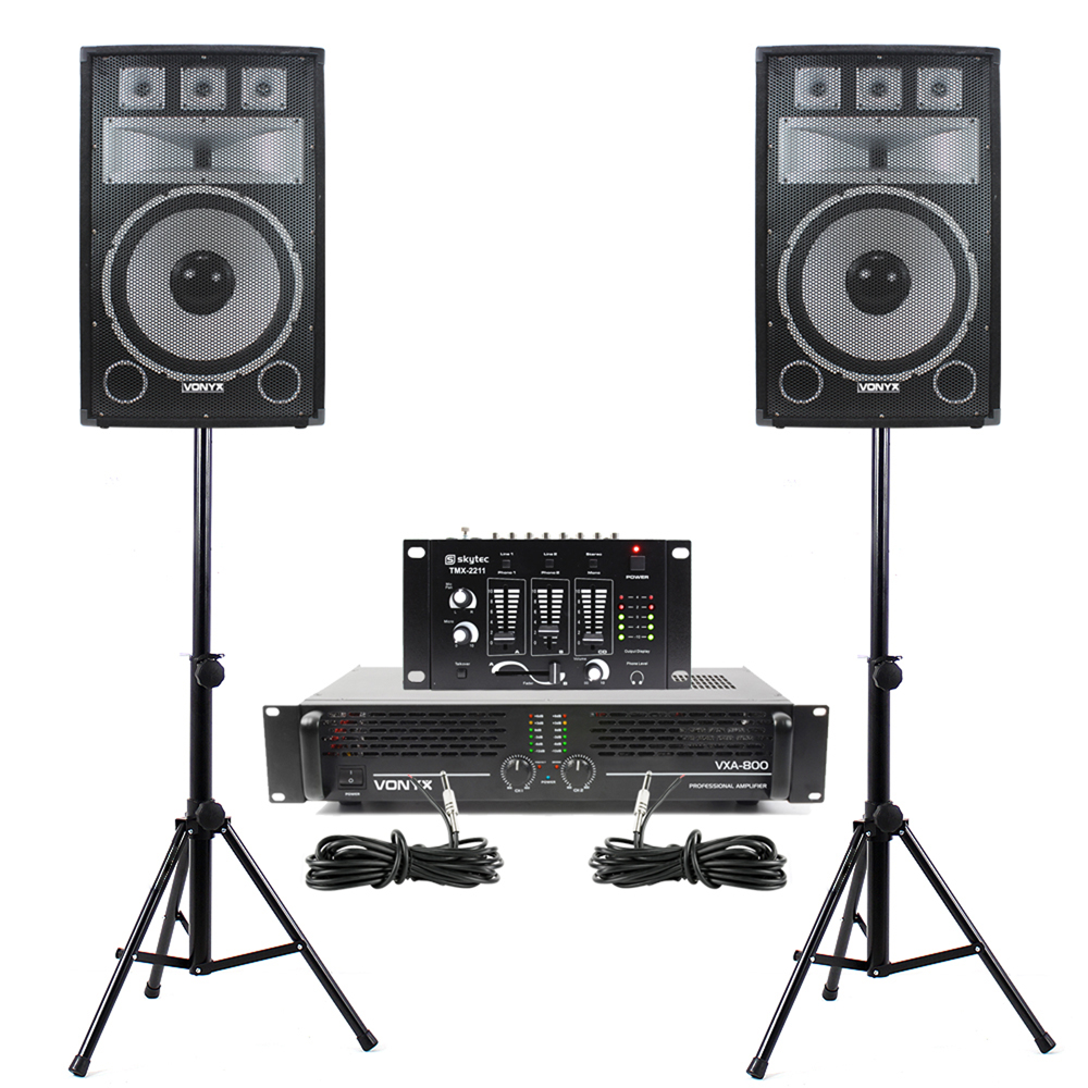 2X SKYTEC 12& Disco DJ Speakers Stands Party Amp Mixer Pub Gig PA System 600W - Â£359.99 