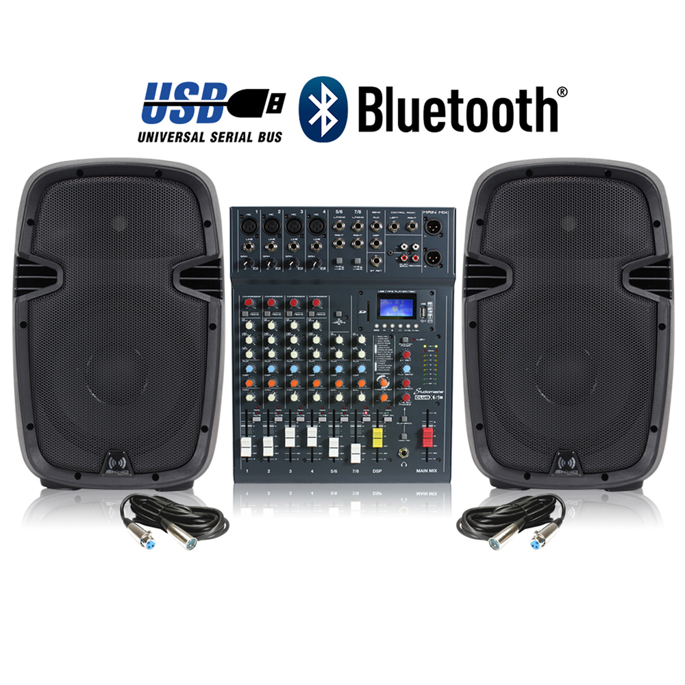 Active DJ Speakers and Studiomaster 8Ch Bluetooth USB Mixer 800W Disco