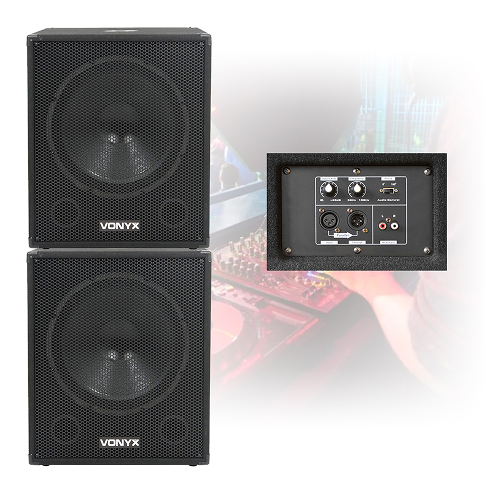 Pair Vonyx 18" Active Powered Subwoofers Bass Bins PA Speakers 2000W UK