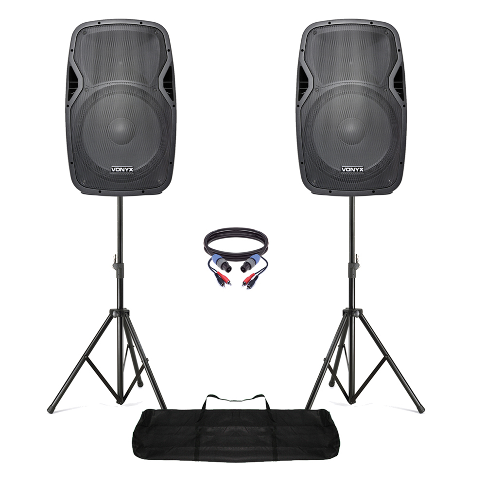 Vonyx AP1500A 15" Active DJ Speakers Pair, Stands & Cable