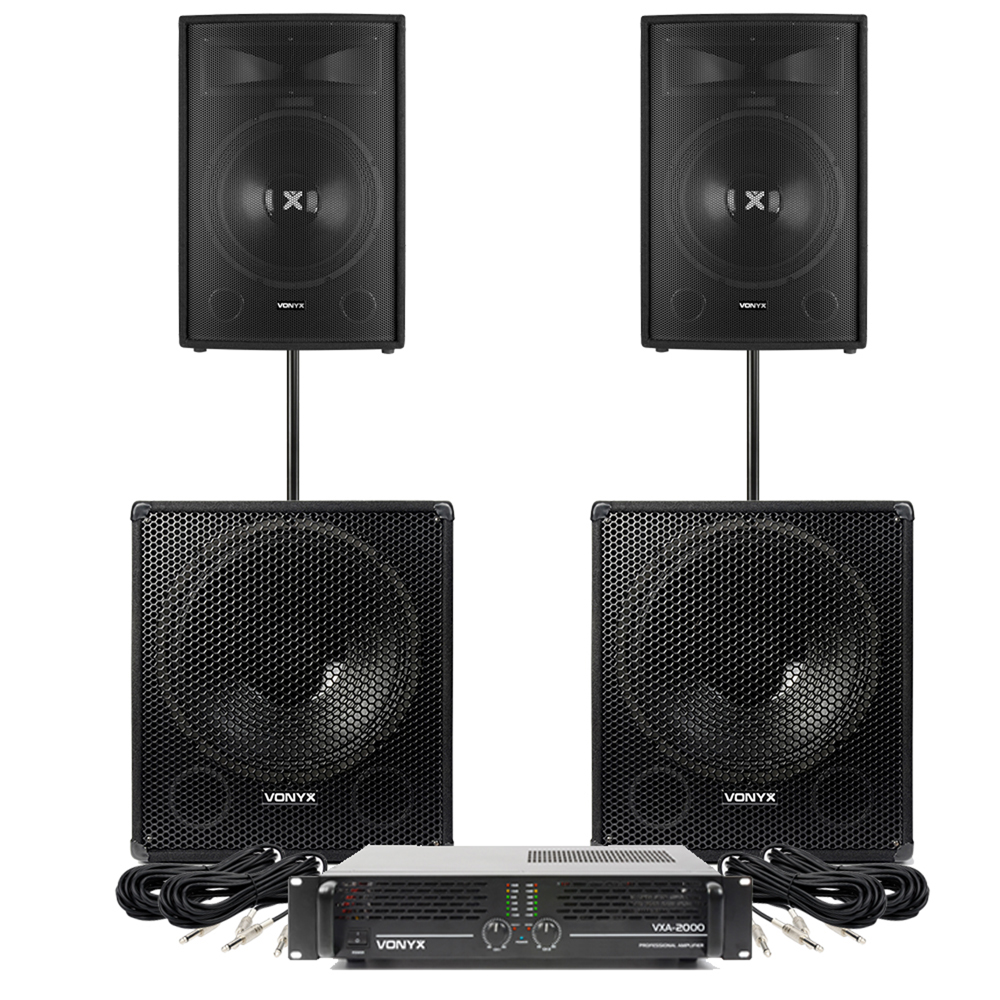 Speakers and Amplifier PA DJ Disco Package, 15" Tops 18" Bass Bin Subs
