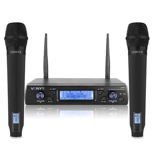 Vonyx WM62 Wireless Microphone UHF 16-Channel and 2 Handheld Microphones
