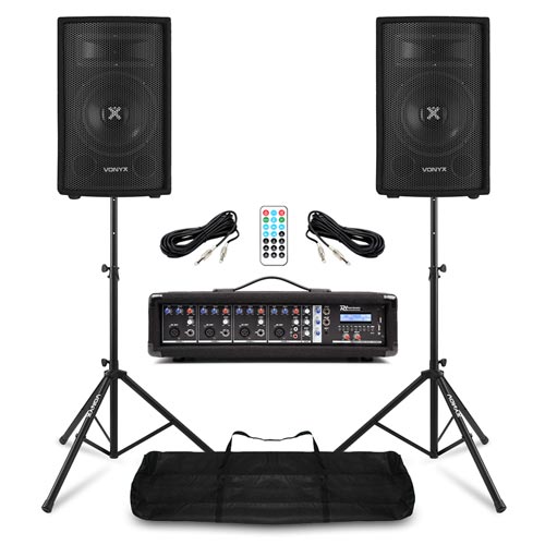 Complete Live PA Speaker System 400w with 4 Channel Mixer Amplifer & Stands