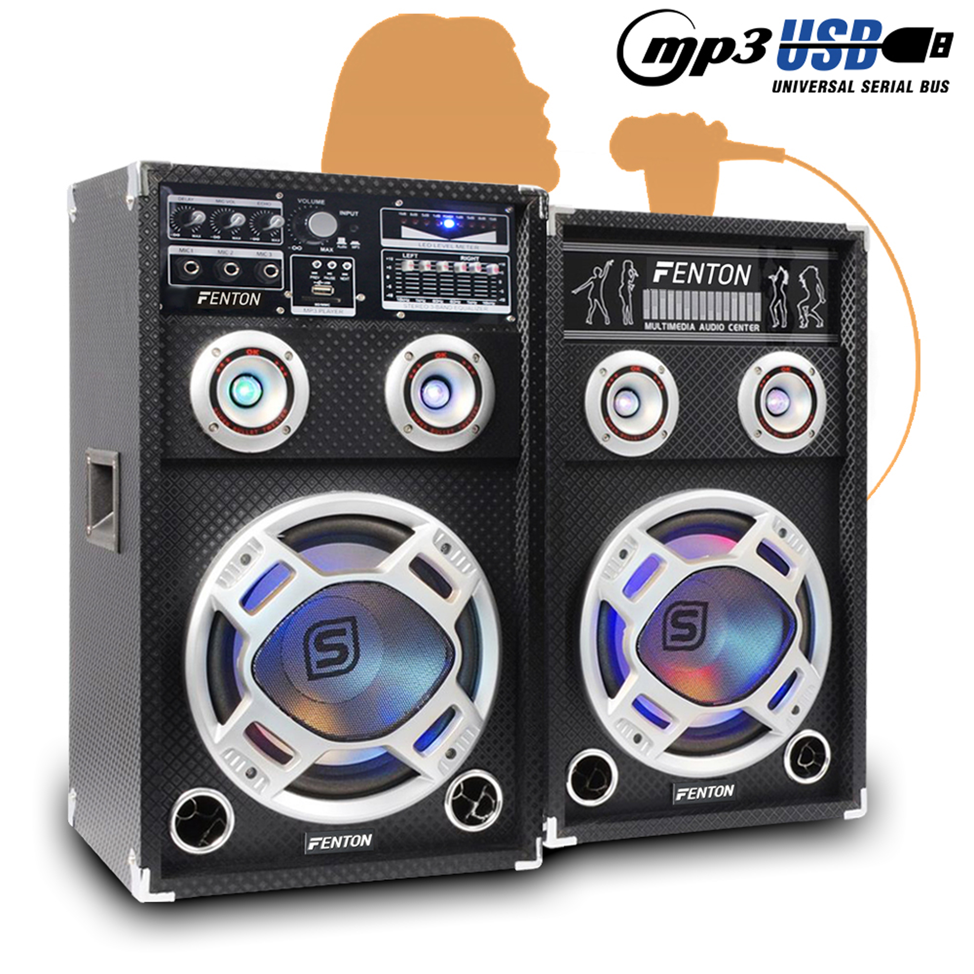 Pair of Fenton 8" PA Active Speakers Set RGB LED Karaoke DJ Disco Party