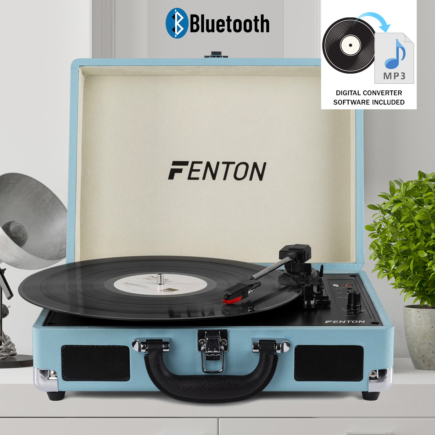 Blue Leather Record Player USB, Speakers & 80 x 12" LP Vinyl Storage