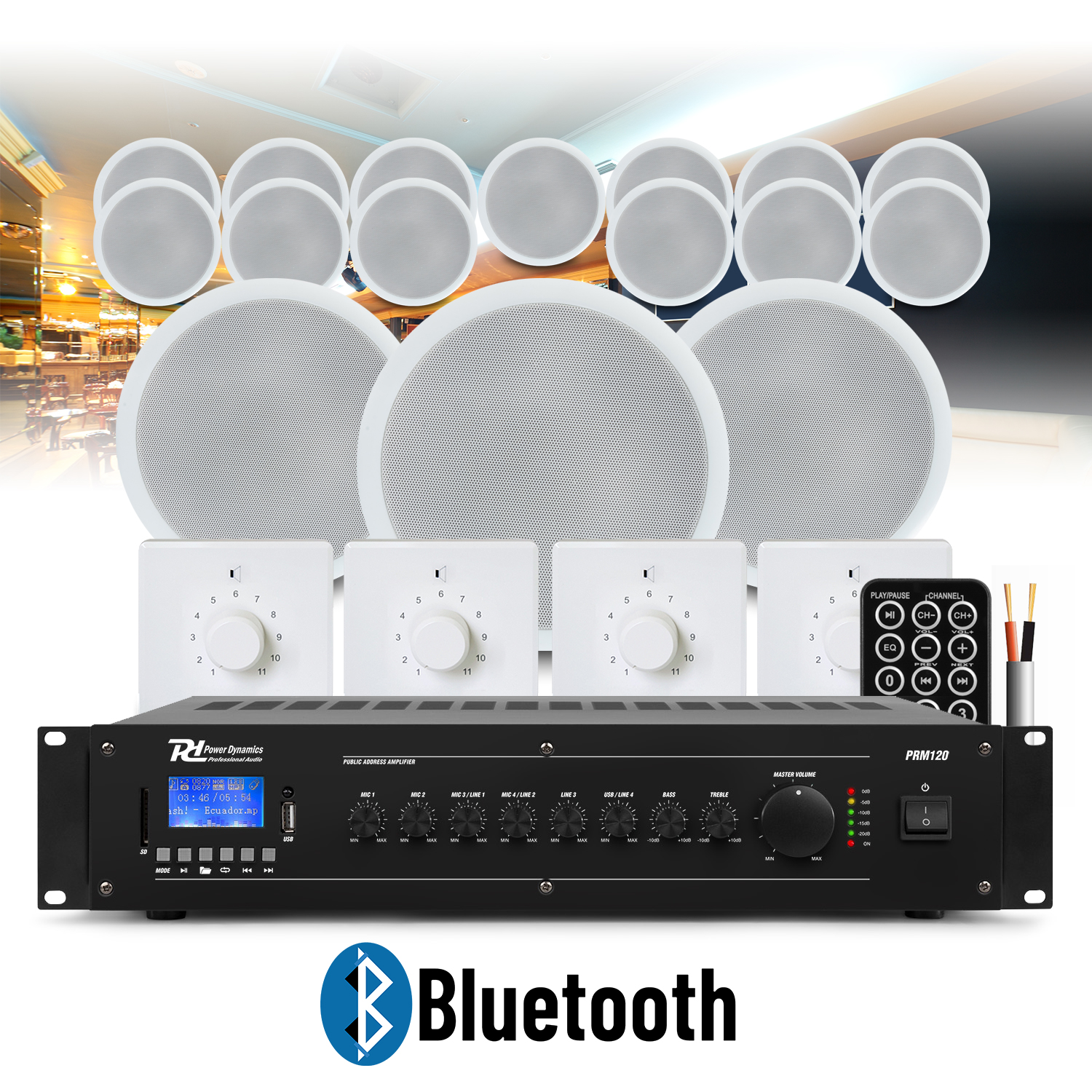 16x Speakers Bluetooth Amp 100V Multizone Fitness Studio Music Audio