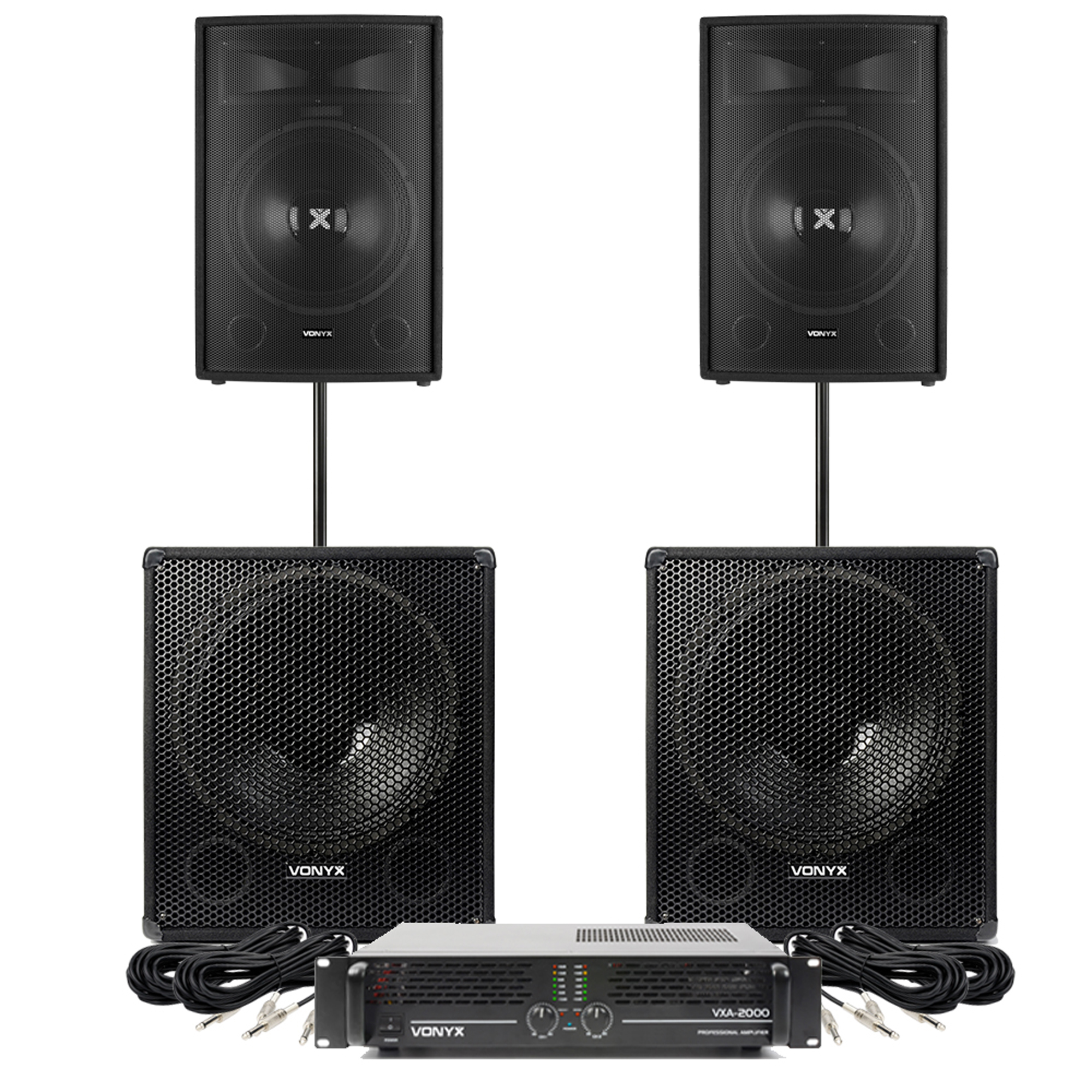 Speakers and Amplifier PA DJ Disco Package, 15" Tops 18" Bass Bin Subs