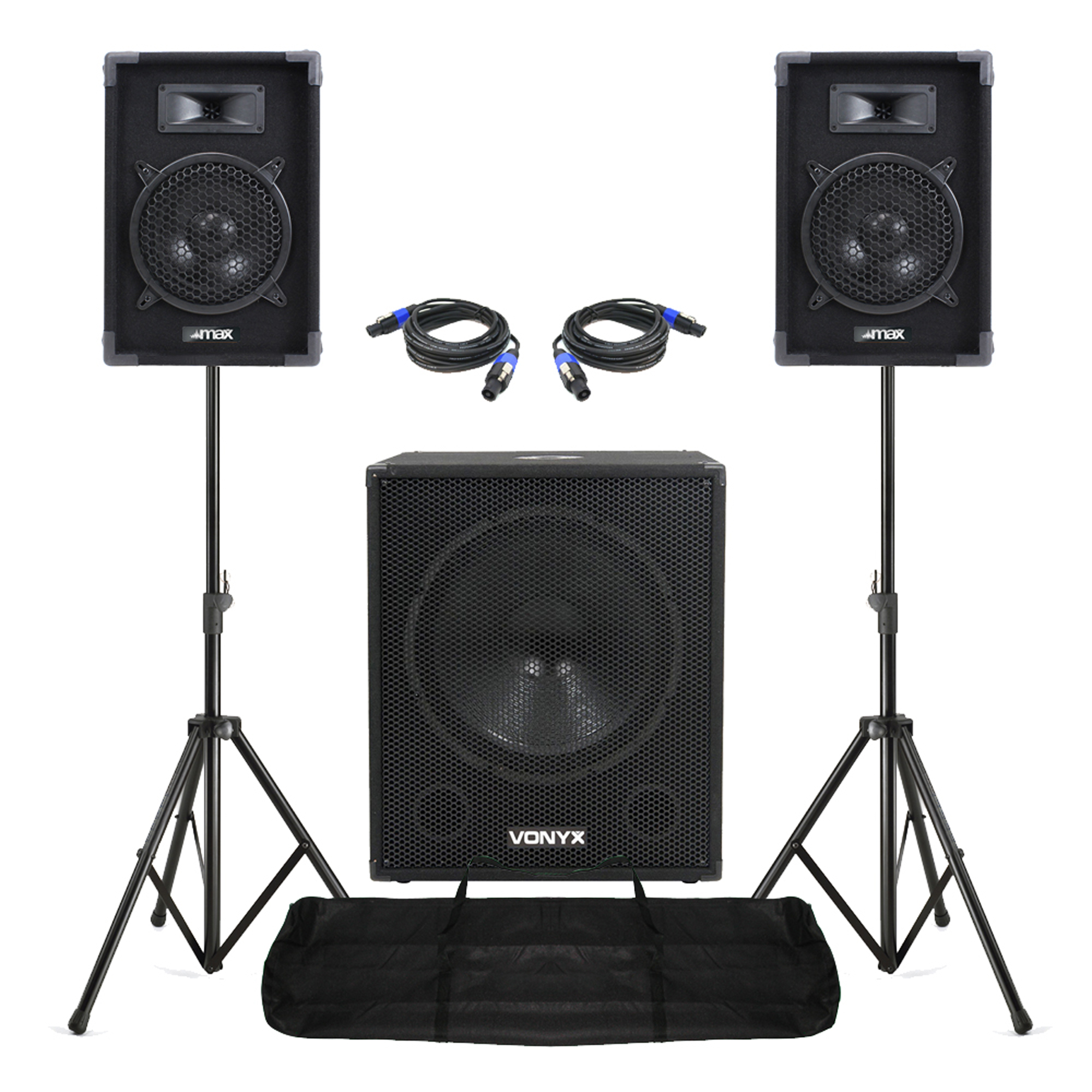 Max 8" Passive DJ Speakers Pair, SMWBA18 Subwoofer & Stands