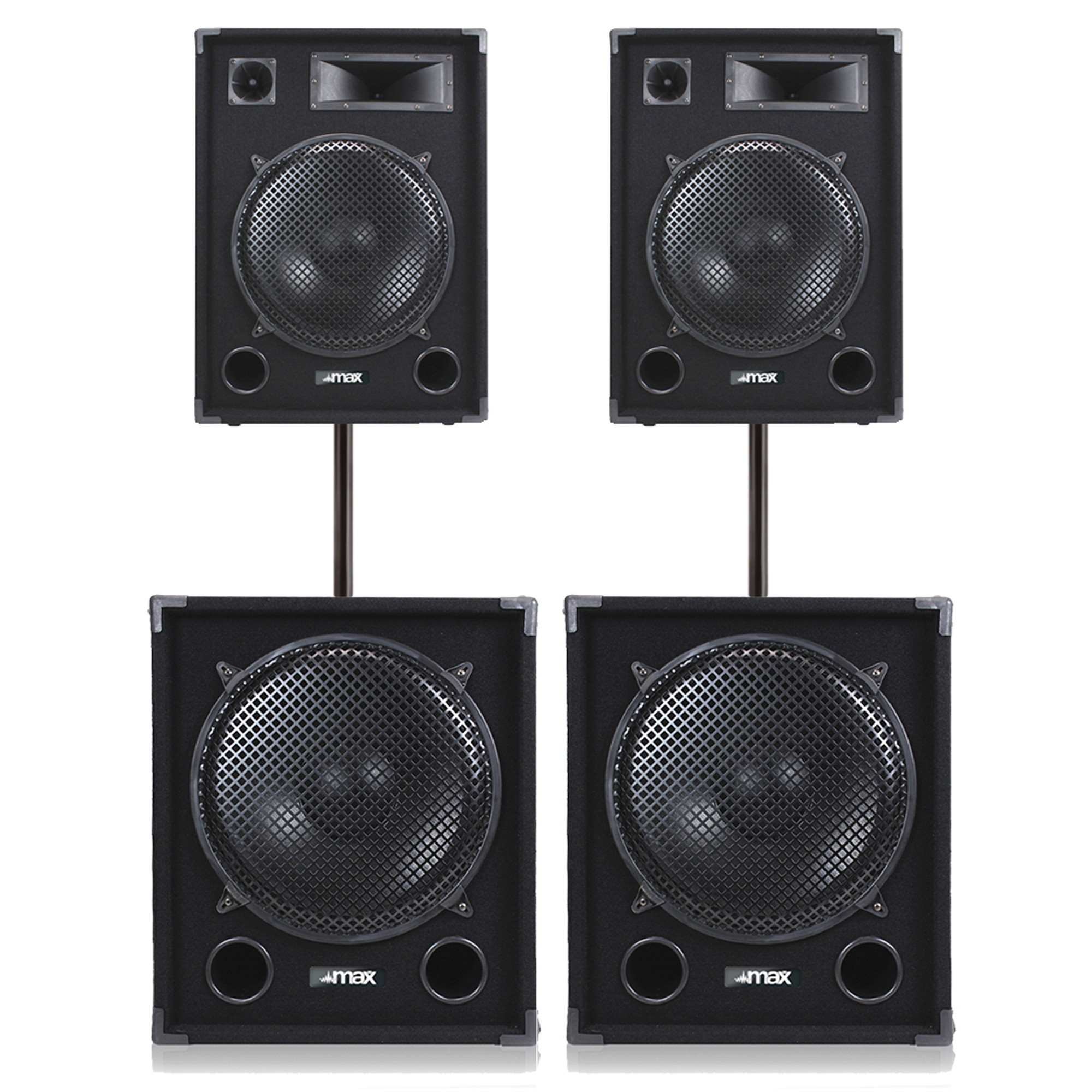 Max SP15 15" Passive DJ Speakers with 18" Subwoofers & Poles