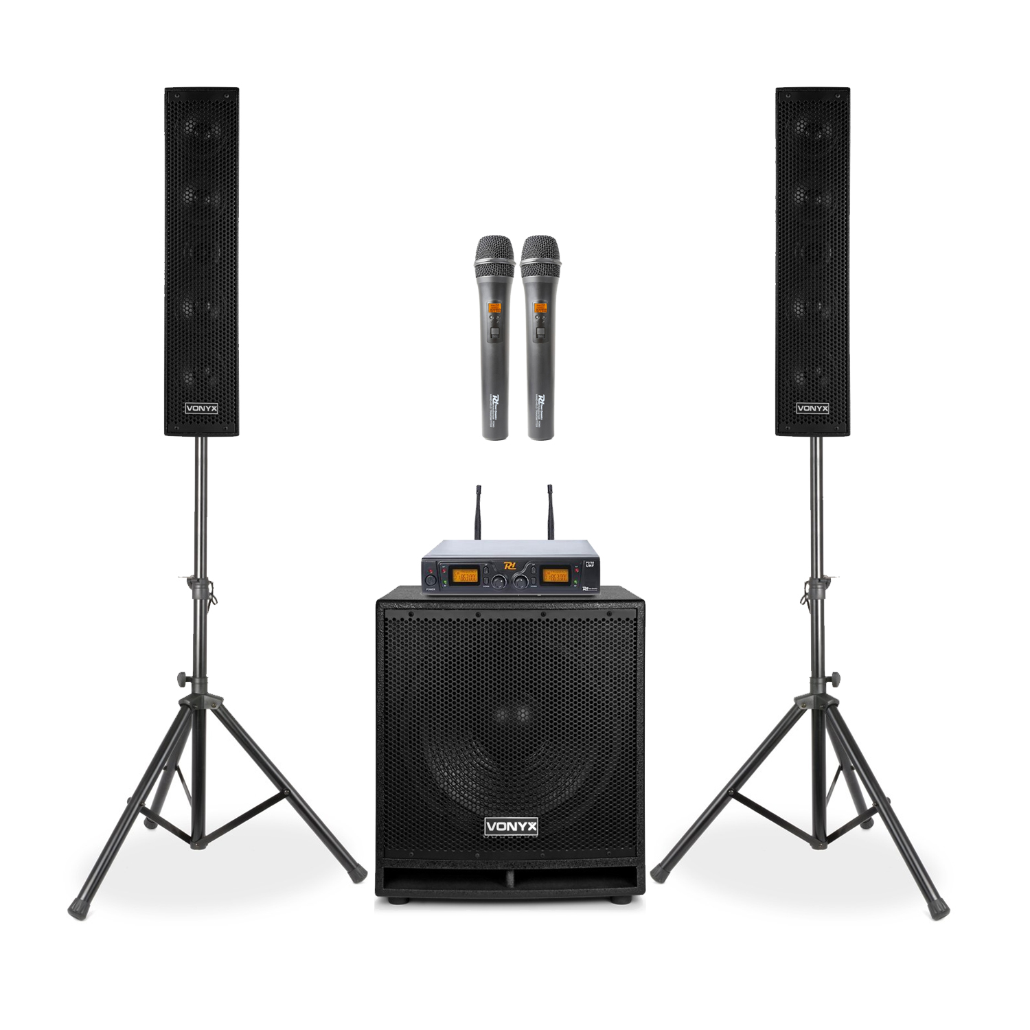 Vonyx VX880 2.1 Active Karaoke PA Speaker System with Stands & 2
