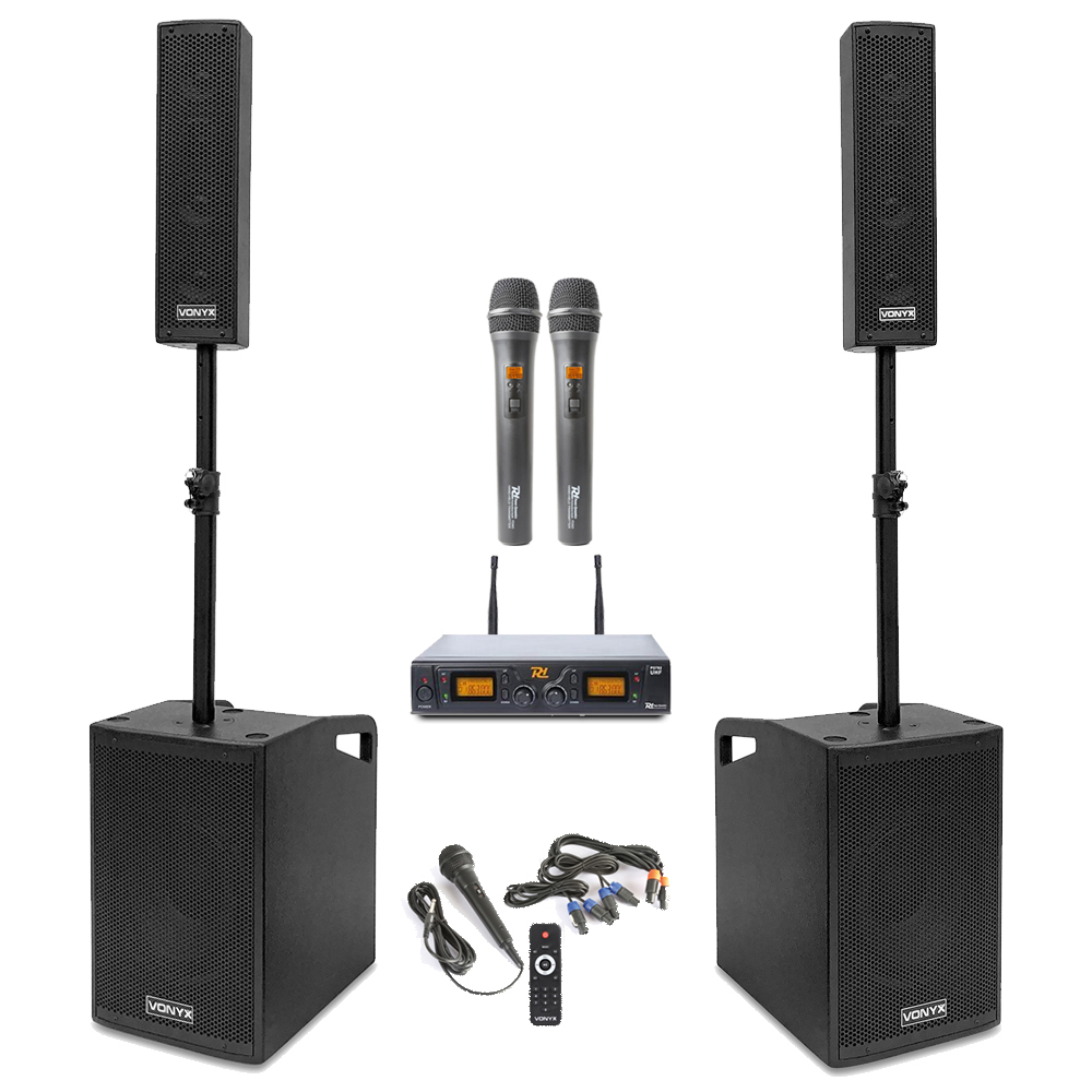 Vonyx VX1050 2.2 Active Karaoke PA Speaker System with Stands & 2