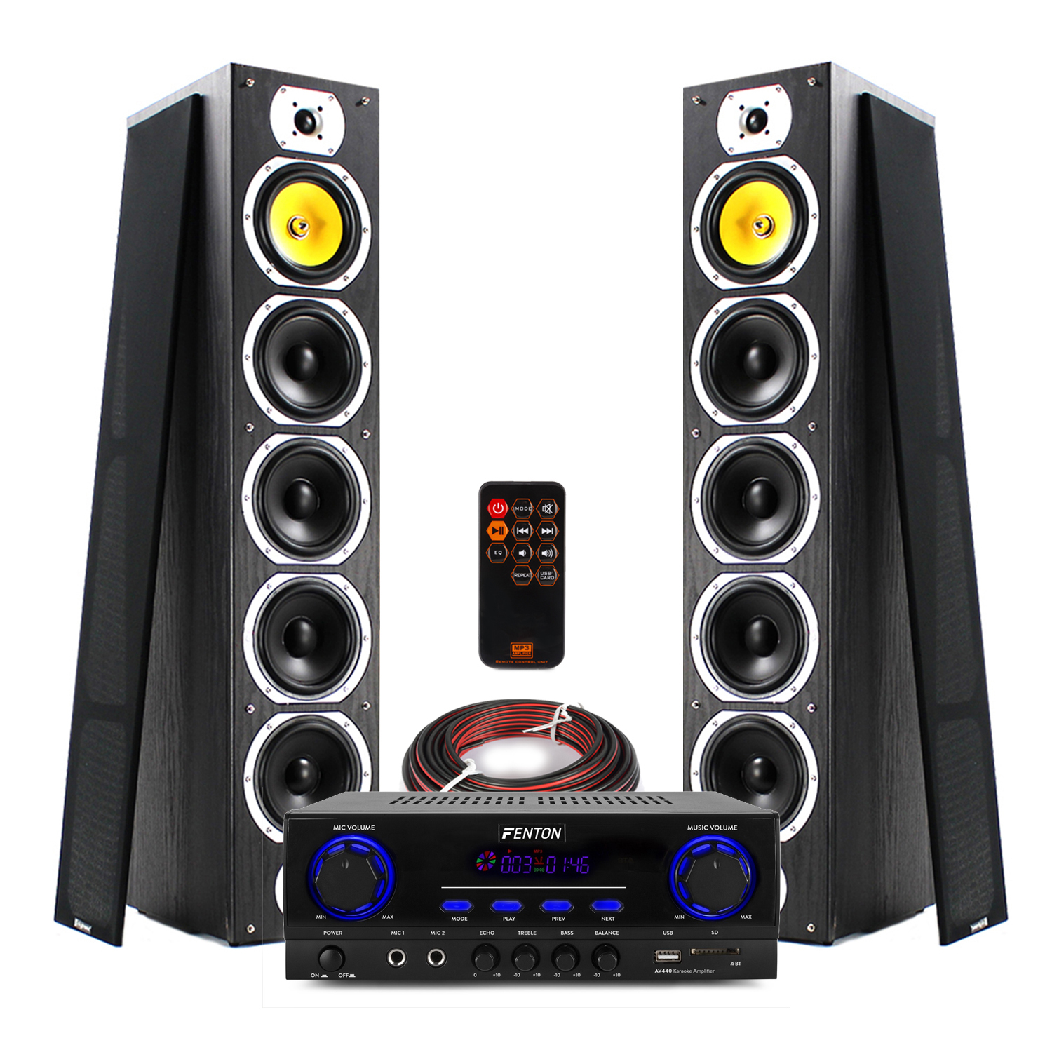 Kit Sistema Audio Fenton AV380BT - Impianto Stereo Con 2 Casse, 2 Microfoni, Telecomando, Collegamento Bluetooth, Colore Nero