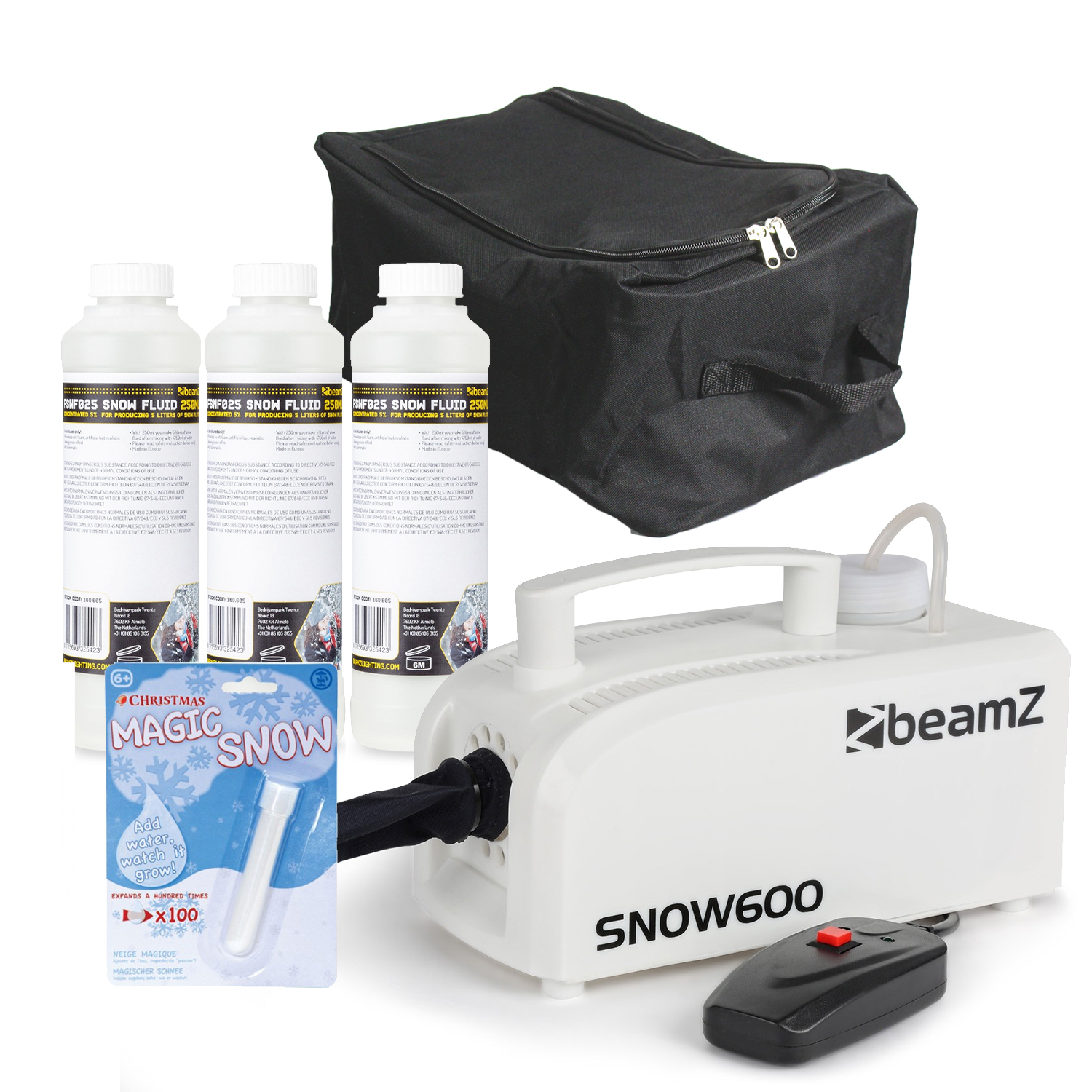 BeamZ SNOW600 Snow Machine with 15L Fluid, Bag & Magic Snow