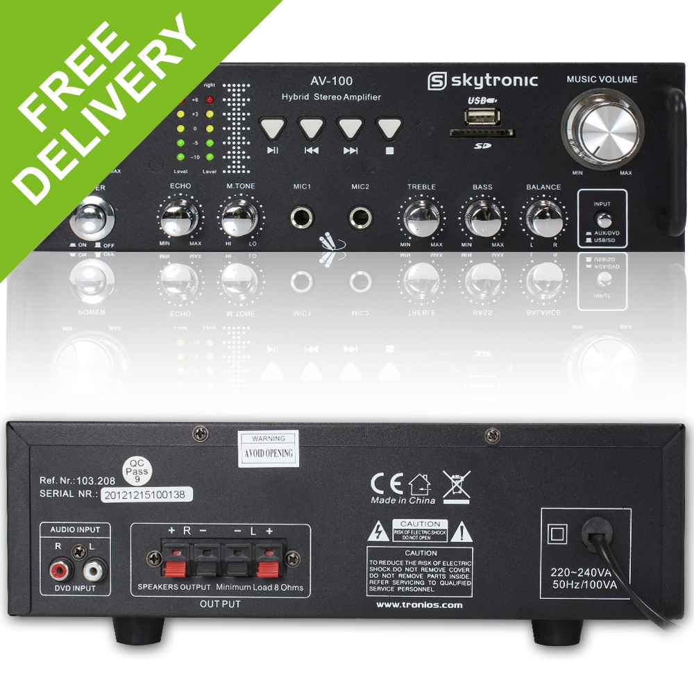 Skytronic AV100 Stereo Karaoke MP3 USB LED Amplifier Home Audio Hifi