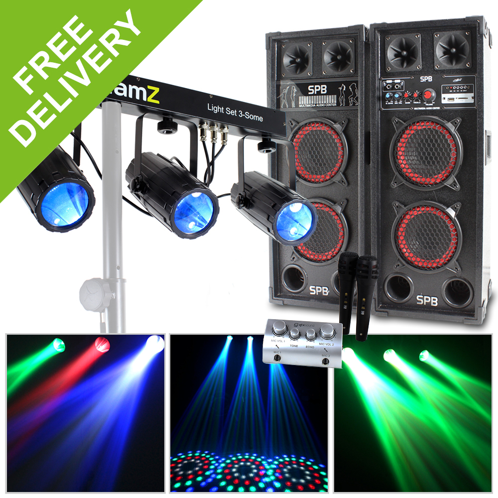 DJ Disco Speakers with Karaoke Mixer, Microphones and 3Way LED Light Rail Bar eBay