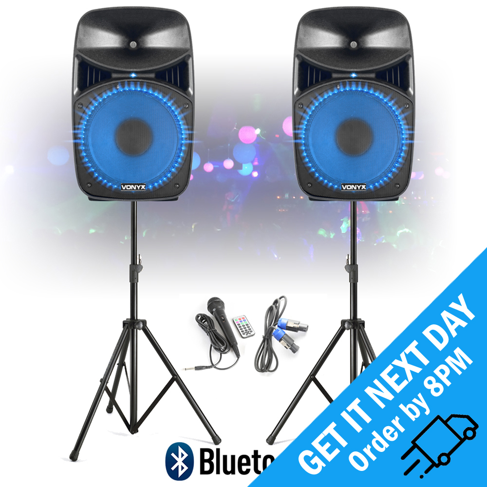 Vonyx VPS152A 15" LED Bluetooth Powered Speaker Pair DJ PA with Stands